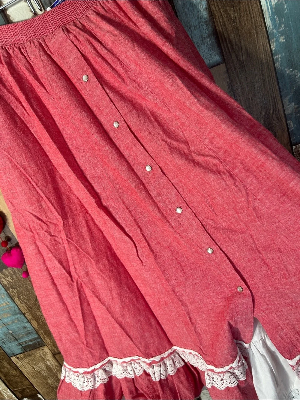 Brand Red Ruffled A-Line Midi Skirt with Lace Trim western - Picture 8 of 16
